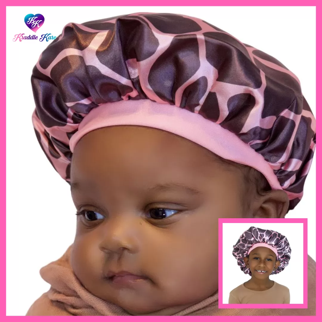 Baby Satin Bonnet – Pink Giraffe KRADDLE KAP