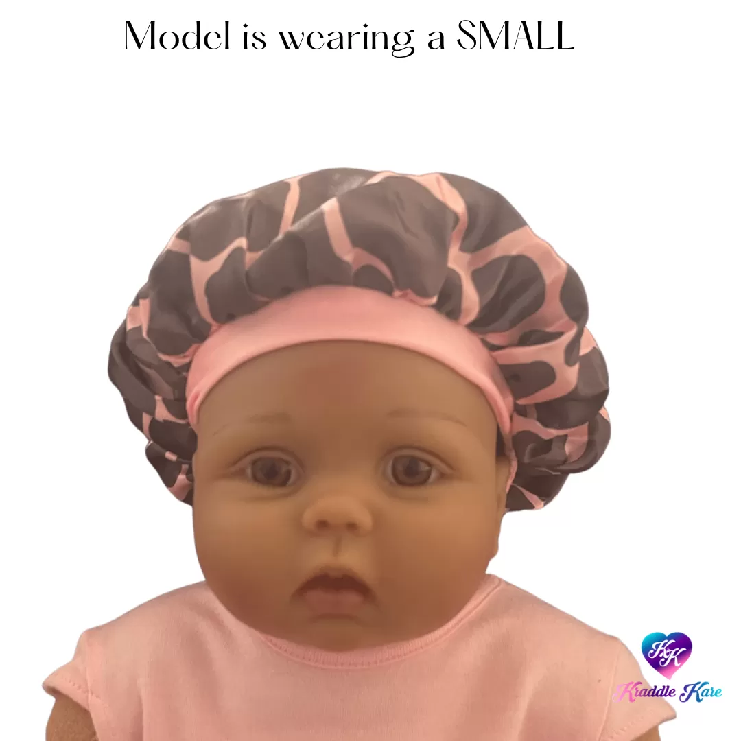 Baby Satin Bonnet | Pink Giraffe KRADDLE KAP satin bonnet